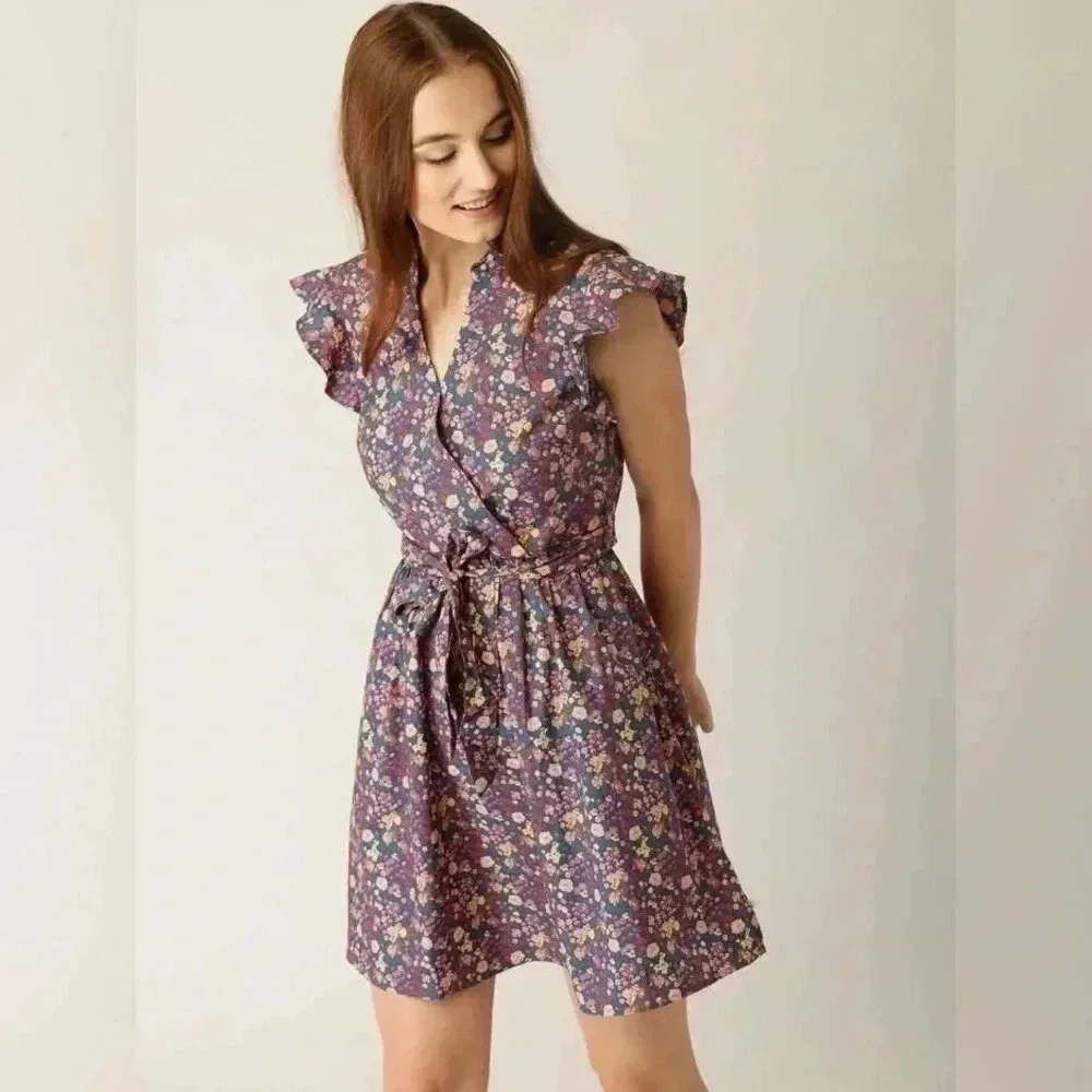 United colors of Benetton floral ruffle sleeve wrap dress with belt XS - Picture 2 of 7